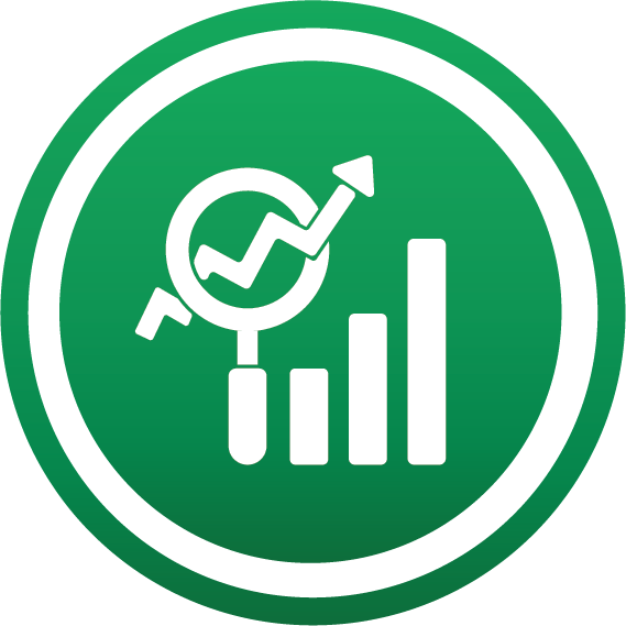 Modern icon featuring a magnifying glass and upward graph representing data growth and analysis.