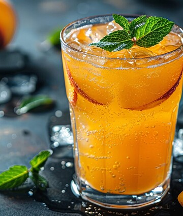 A Refreshing Glass Of Peach Iced Tea With Mint Leaves