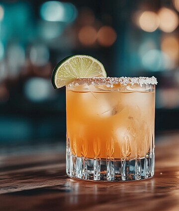 A Refreshing Margarita Cocktail Garnished With A Lime Wedge, Salt Rim, And Served In A Chilled Glass On A Rustic Wooden Bar Top