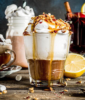 Autumn Winter Warm Drinks, Hot Chocolate, Pumpkin Latte, Caramel And Peanut Coffee Latte, Mulled Wine, Cozy Dark Background Copy Space