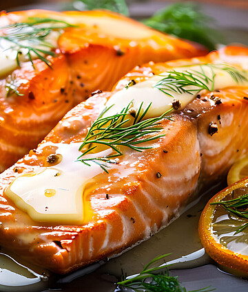 Gourmet butter basted salmon topped with fresh dill and vibrant citrus slices.