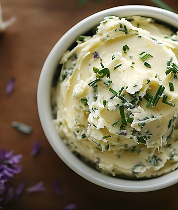 Chive blossom garlic butter with lemon, perfect for enhancing your favorite dishes.