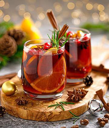 Christmas Mulled Wine. Traditional Xmas Festive Drink With Decorations And Fir Tree