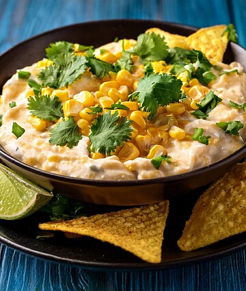 Delicious Mexican corn dip with tortilla chips, garnished with cilantro and lime on rustic table.