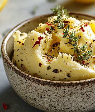 Rustic cowboy butter with thyme, chili flakes, and lemon slices for flavorful meals.