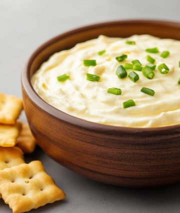 Creamy onion dip in a rustic bowl paired with crunchy crackers for delightful gatherings.