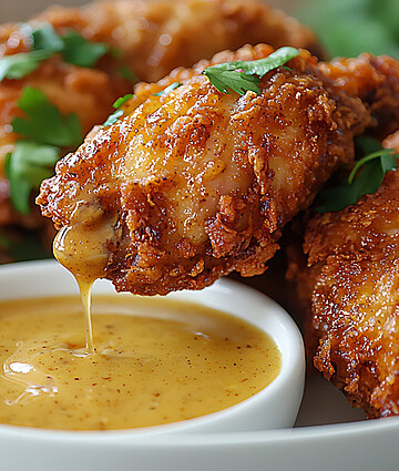 Crispy golden chicken wings served with creamy dipping sauce and fresh cilantro garnish.