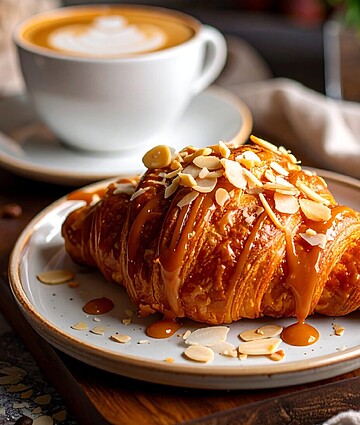 Indulgent almond caramel croissant with cappuccino on a rustic wooden board in a cozy café.