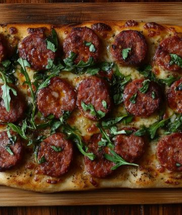 Gourmet flatbread pizza with savory sausage and fresh greens served on a rustic wooden board.