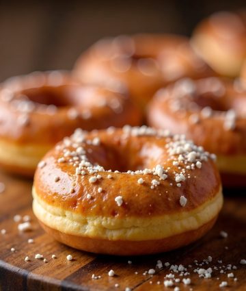 Delicious fresh sugar doughnuts on rustic wood, perfect for breakfast or brunch indulgence.