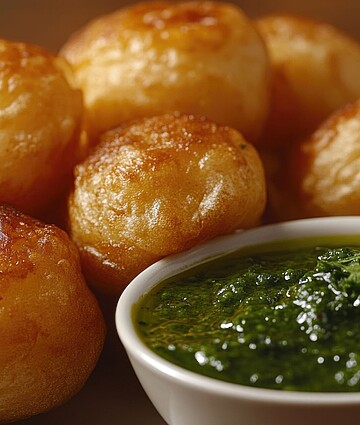 Crispy fried dough balls served with vibrant herb dipping sauce for a delicious snack experience.