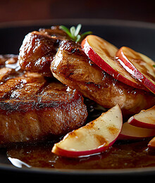 Glazed pork chops with apples and rosemary on a dark plate in a warm setting.