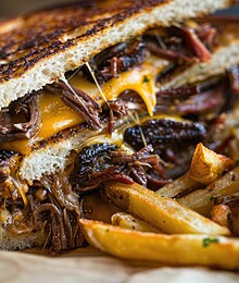 Gourmet grilled cheese with brisket, short rib, and crispy fries from a modern American eatery.