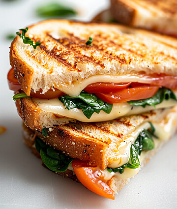 Toasted grilled cheese sandwich with spinach and tomato on a white board, surrounded by fresh ingredients.
