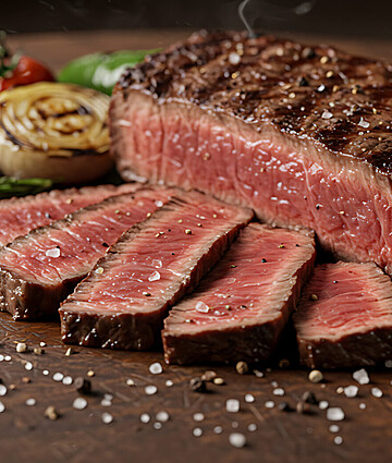 Juicy medium-rare steak with roasted vegetables, grilled to perfection on a rustic wooden board.