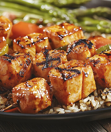 Savory grilled salmon skewers served with rice and asparagus for a healthy dinner option.