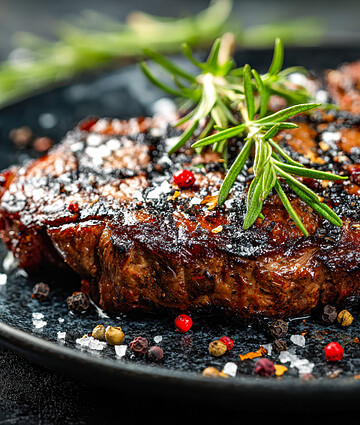 Juicy grilled steak topped with rosemary and colorful peppercorns on a sleek black plate.