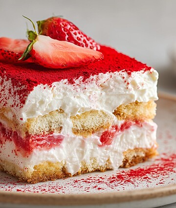 Delicious strawberry tiramisu slice topped with fresh berries on a ceramic plate.