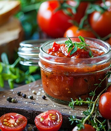 Homemade tomato chutney in a jar with fresh herbs, ripe tomatoes, and bread.