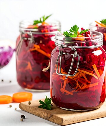Colorful jars of pickled beets and cabbage, showcasing vibrant homemade preservation and healthy ingredients.
