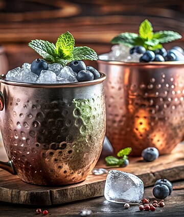 Photo Of Two Refreshing Moscow Mule Cocktails In Copper Mugs, Garnished With Fresh Mint And Blueberries, Served On A Rustic Wooden Table