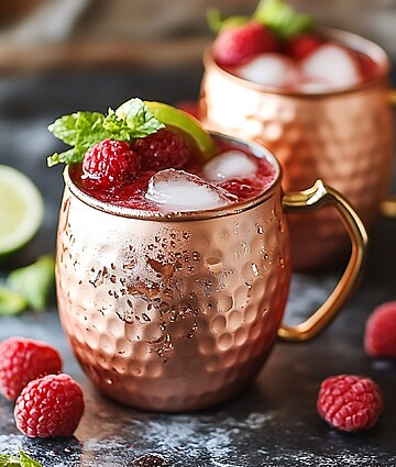 Refreshing Raspberry Moscow Mule Cocktail In Copper Mug.