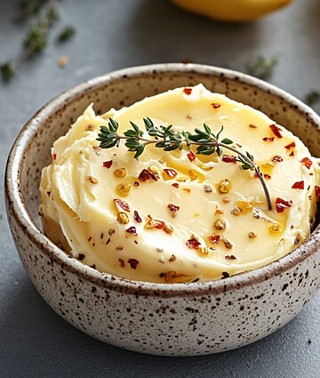 Homemade cowboy butter with thyme and chili flakes, perfect for enhancing grilled meats.