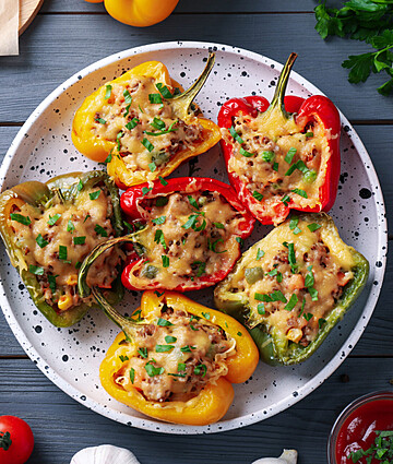 Colorful stuffed bell peppers on a rustic grey table, perfect for a healthy meal.