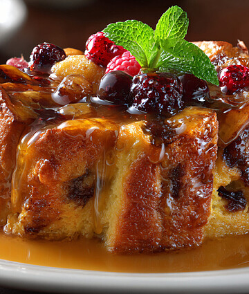 Decadent bread pudding topped with fresh berries and a luscious sauce. Indulgent dessert delight!
