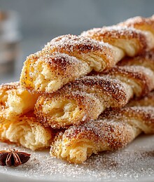 Golden twisted puff pastries sprinkled with cinnamon and sugar, perfect for sweet indulgence.