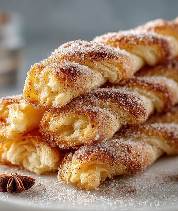 Golden twisted puff pastries sprinkled with cinnamon and sugar, perfect for sweet indulgence.