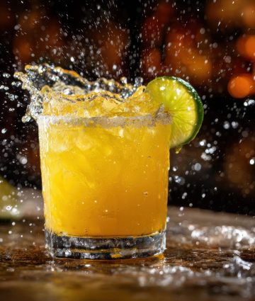 Yellow Margarita Cocktail Creates A Splash At A Lively Bar During The Evening, Showcasing Refreshing Mixology Artistry