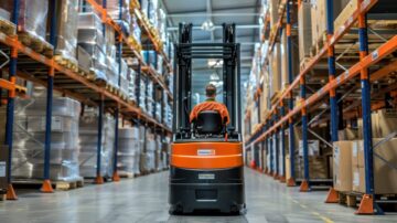 Forklift operator navigating organized pallet racks in a commercial food distribution warehouse with systematic inventory management.