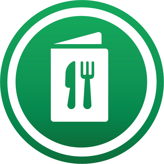 Green menu icon featuring a fork and knife, perfect for dining apps and restaurants.