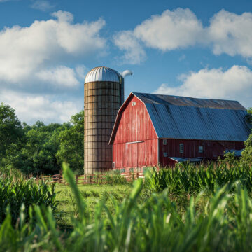 Charming red barn and silo nestled among vibrant cornfields under a clear blue sky.